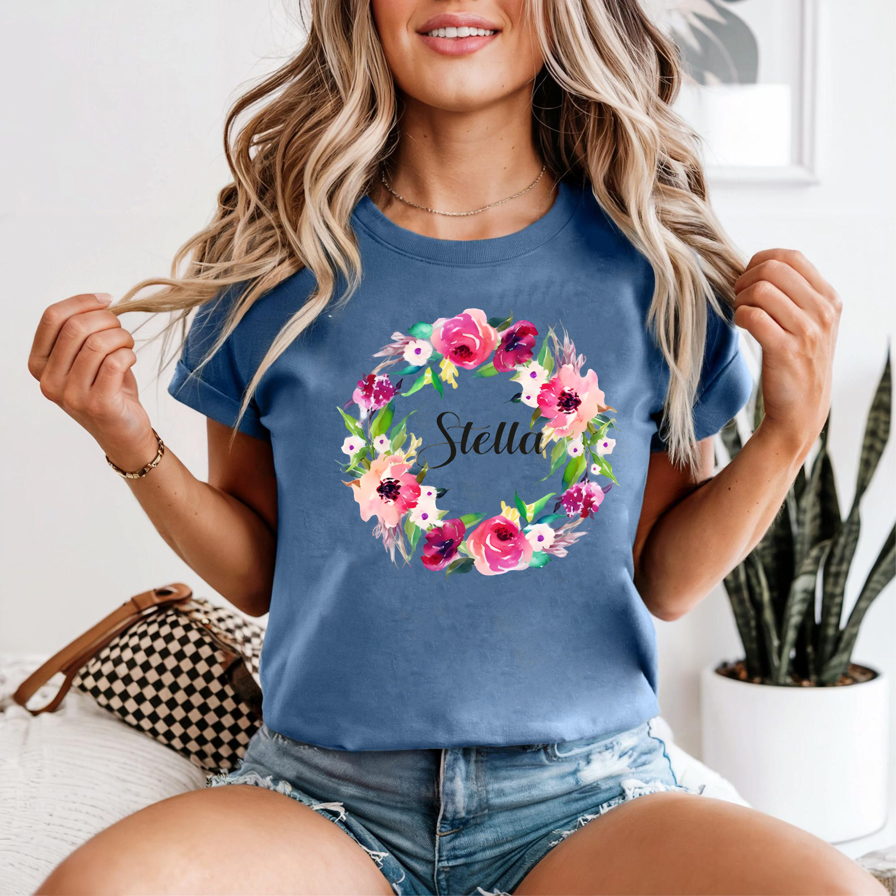 Stella Name Shirt, Custom Watercolor Floral Shirt, Personalized Name Tee, Colorful Wreath Shirt, Gift for Her, Custom Name Shirt