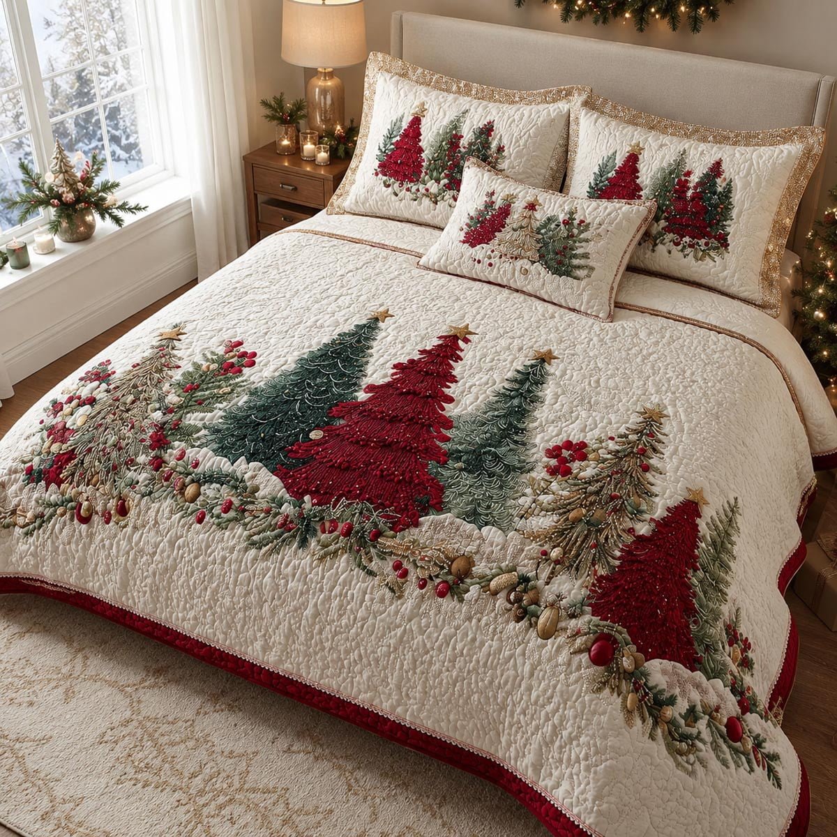 Winter Christmas Tree Pattern Quilted Bedding Set, Vintage Winter Patchwork Bedspread with Pillowcases, Festive Winter Bedroom Decor, Bedding Decor PTBED21