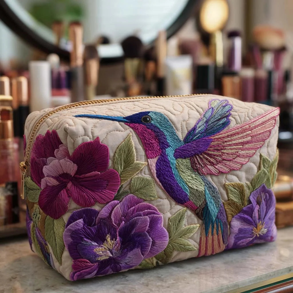 Quilted Hummingbird & Purple Flowers Makeup Bag, Embroidered Bird Cosmetic Bag, Floral Travel Toiletry Pouch, Nature Zipper Organizer, Gift for Bird Lovers – QMBPETAL83
