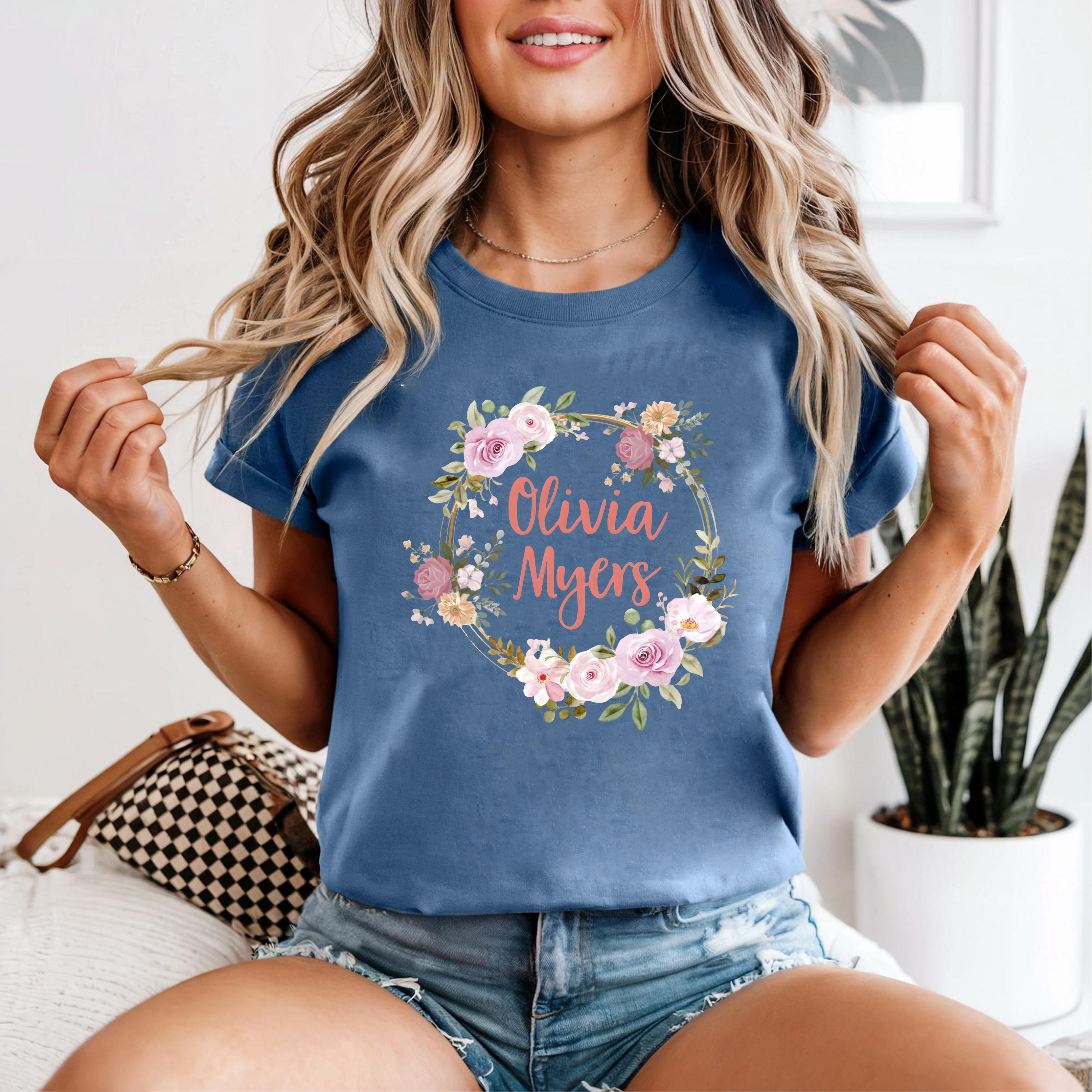 Custom Name Shirt with Floral Wreath, Olivia Myers Shirt, Boho Flower Name Tee, Personalized Gift for Her, Custom Name Shirt