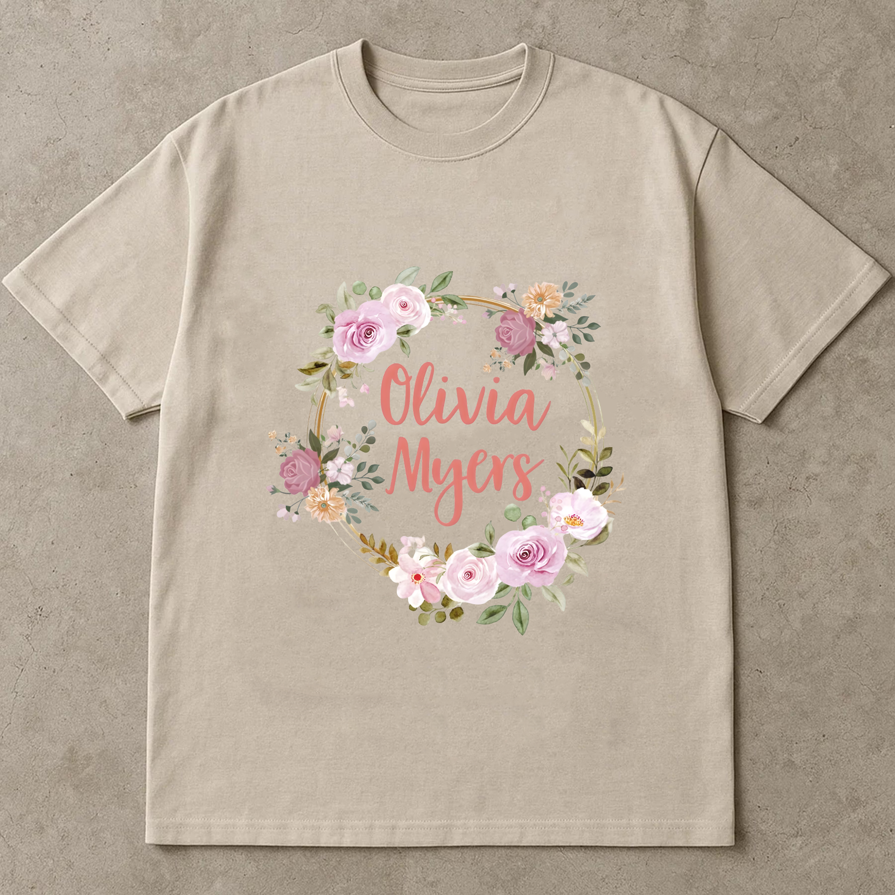 Custom Name Shirt with Floral Wreath, Olivia Myers Shirt, Boho Flower Name Tee, Personalized Gift for Her, Custom Name Shirt