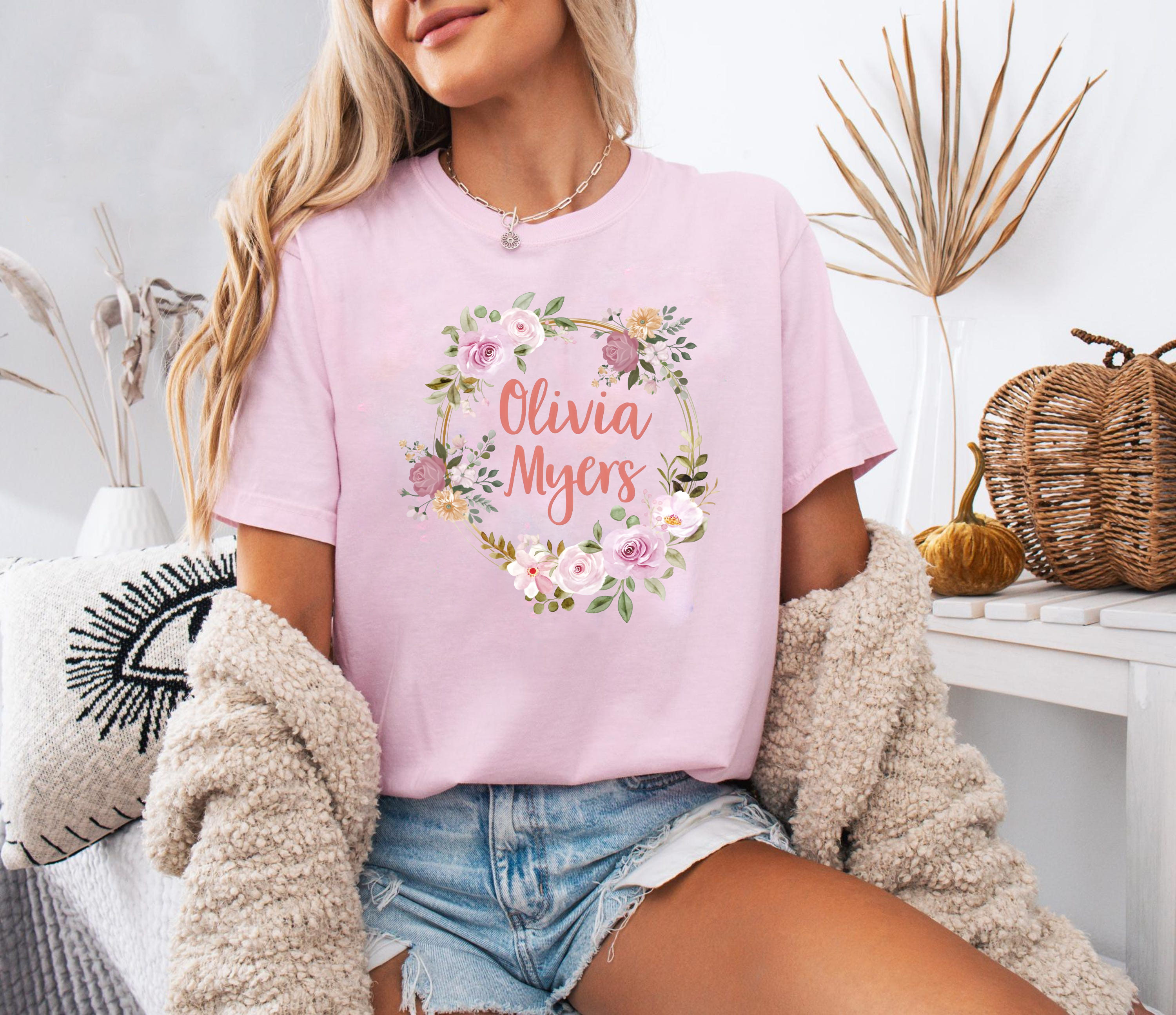 Custom Name Shirt with Floral Wreath, Olivia Myers Shirt, Boho Flower Name Tee, Personalized Gift for Her, Custom Name Shirt