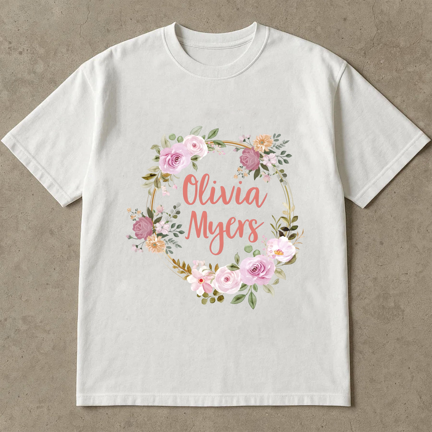 Custom Name Shirt with Floral Wreath, Olivia Myers Shirt, Boho Flower Name Tee, Personalized Gift for Her, Custom Name Shirt