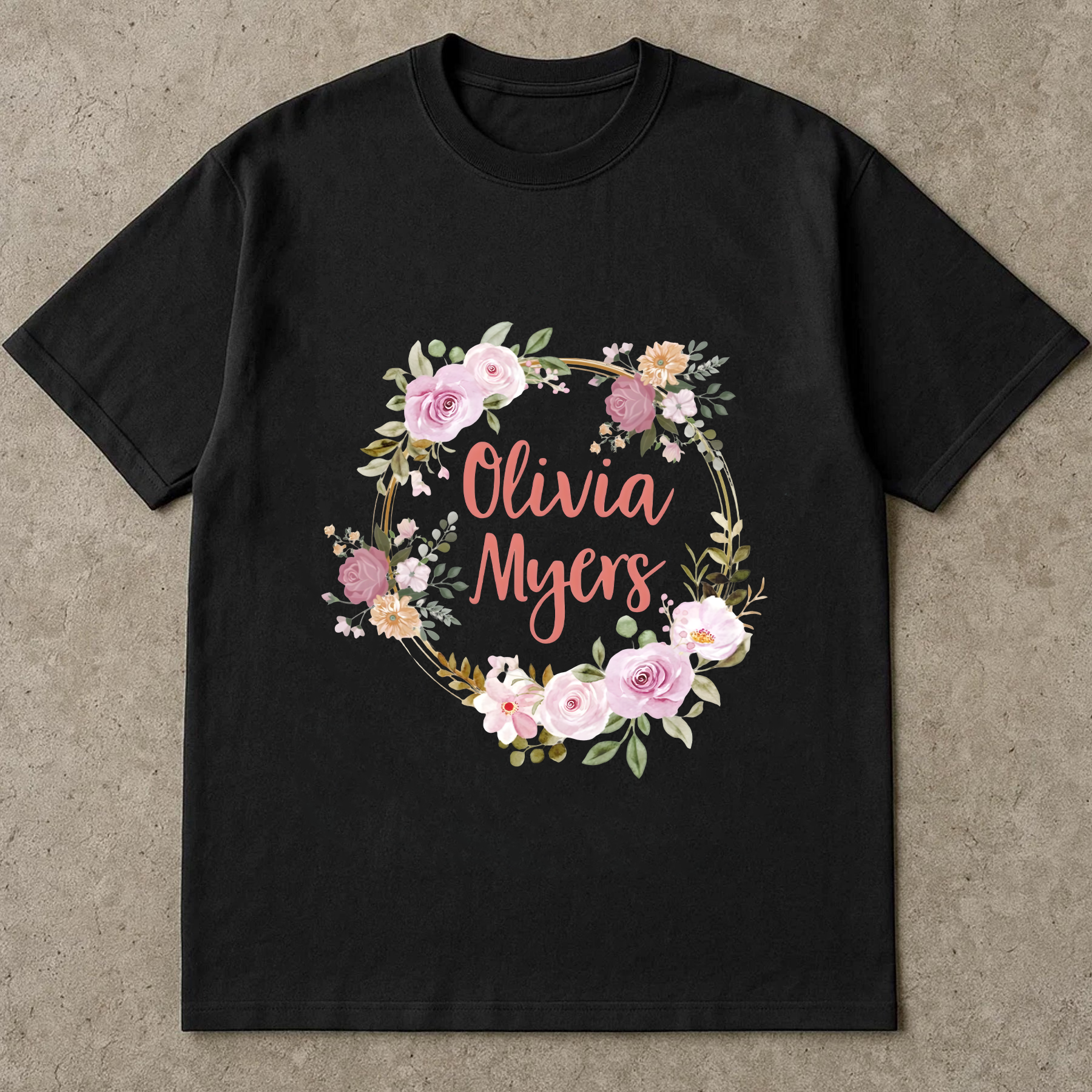 Custom Name Shirt with Floral Wreath, Olivia Myers Shirt, Boho Flower Name Tee, Personalized Gift for Her, Custom Name Shirt