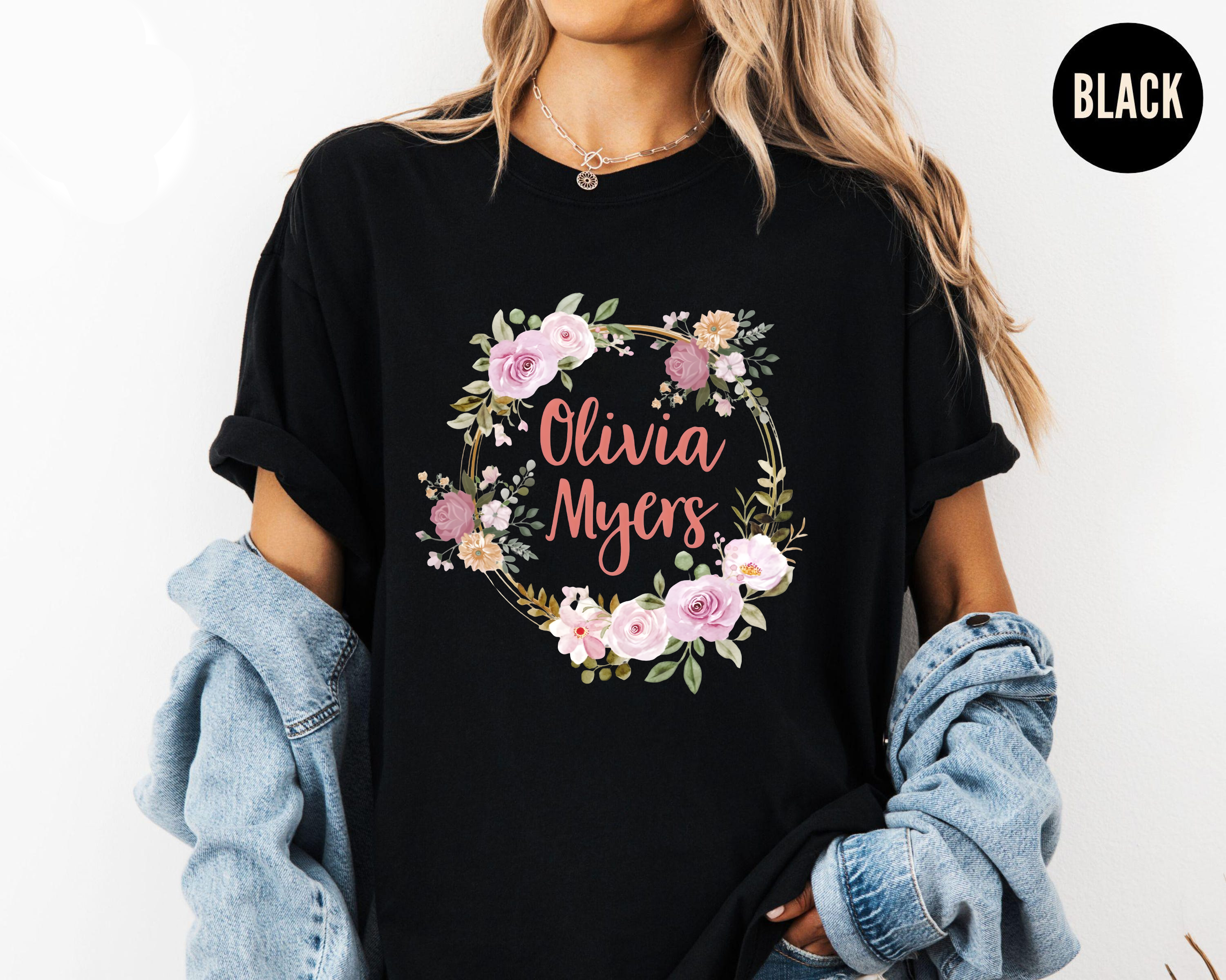 Custom Name Shirt with Floral Wreath, Olivia Myers Shirt, Boho Flower Name Tee, Personalized Gift for Her, Custom Name Shirt