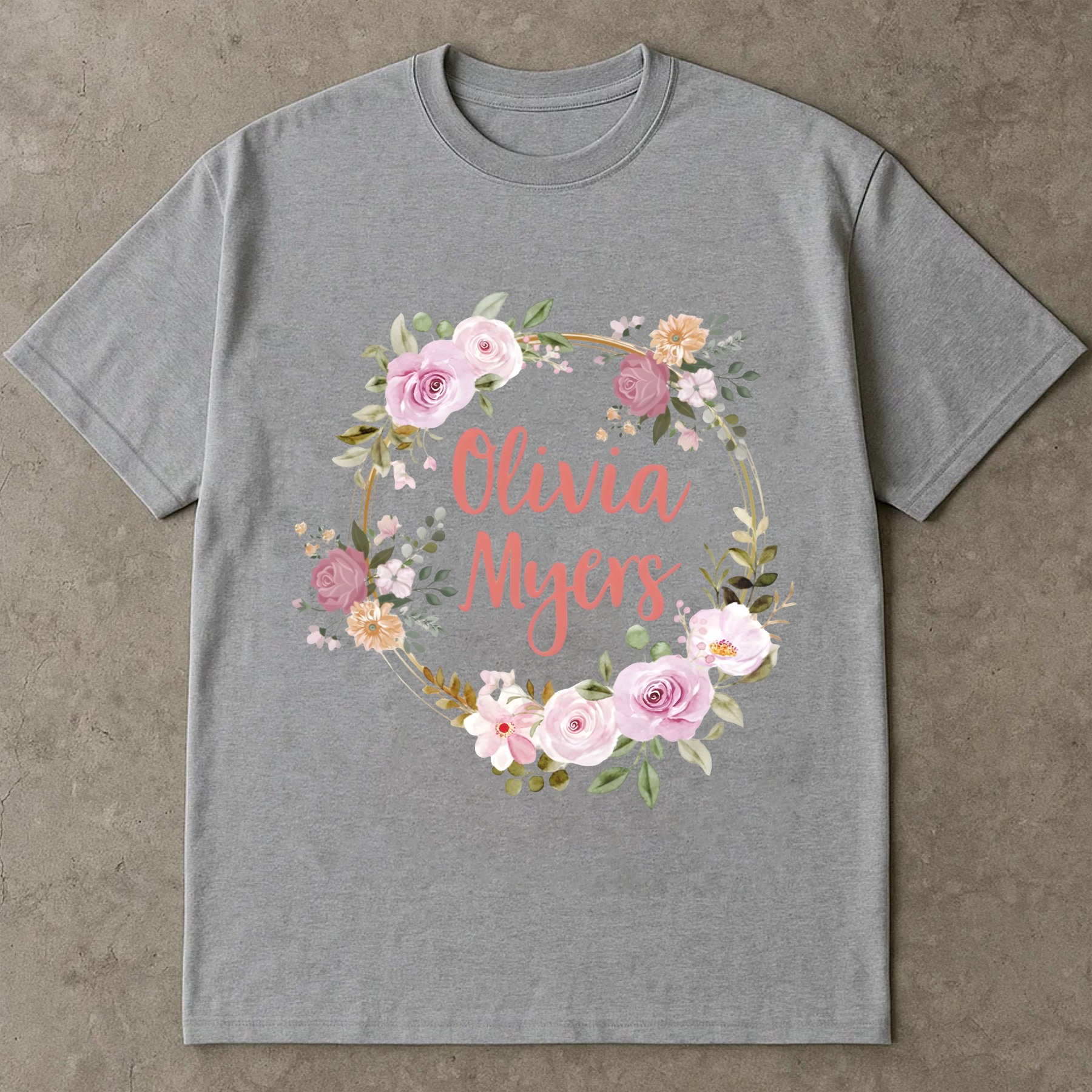 Custom Name Shirt with Floral Wreath, Olivia Myers Shirt, Boho Flower Name Tee, Personalized Gift for Her, Custom Name Shirt