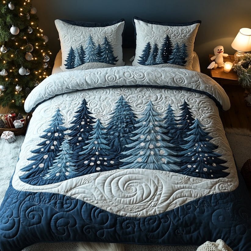 Blue Winter Christmas Tree Pattern Quilted Bedding Set, Vintage Winter Patchwork Bedspread with Pillowcases, Festive Winter Bedroom Decor, Bedding Decor PTBED20