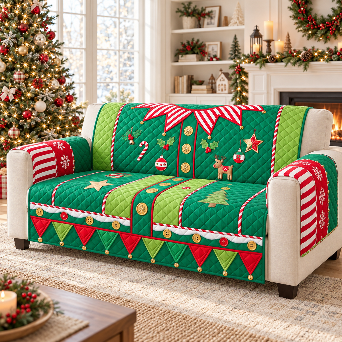 ELF Christmas Patchwork Quilted Sofa Cover, Christmas Sofa Cover, Patchwork Couch Throw, Sofa Protector, Holiday Sofa Decor QUILTSOFA71