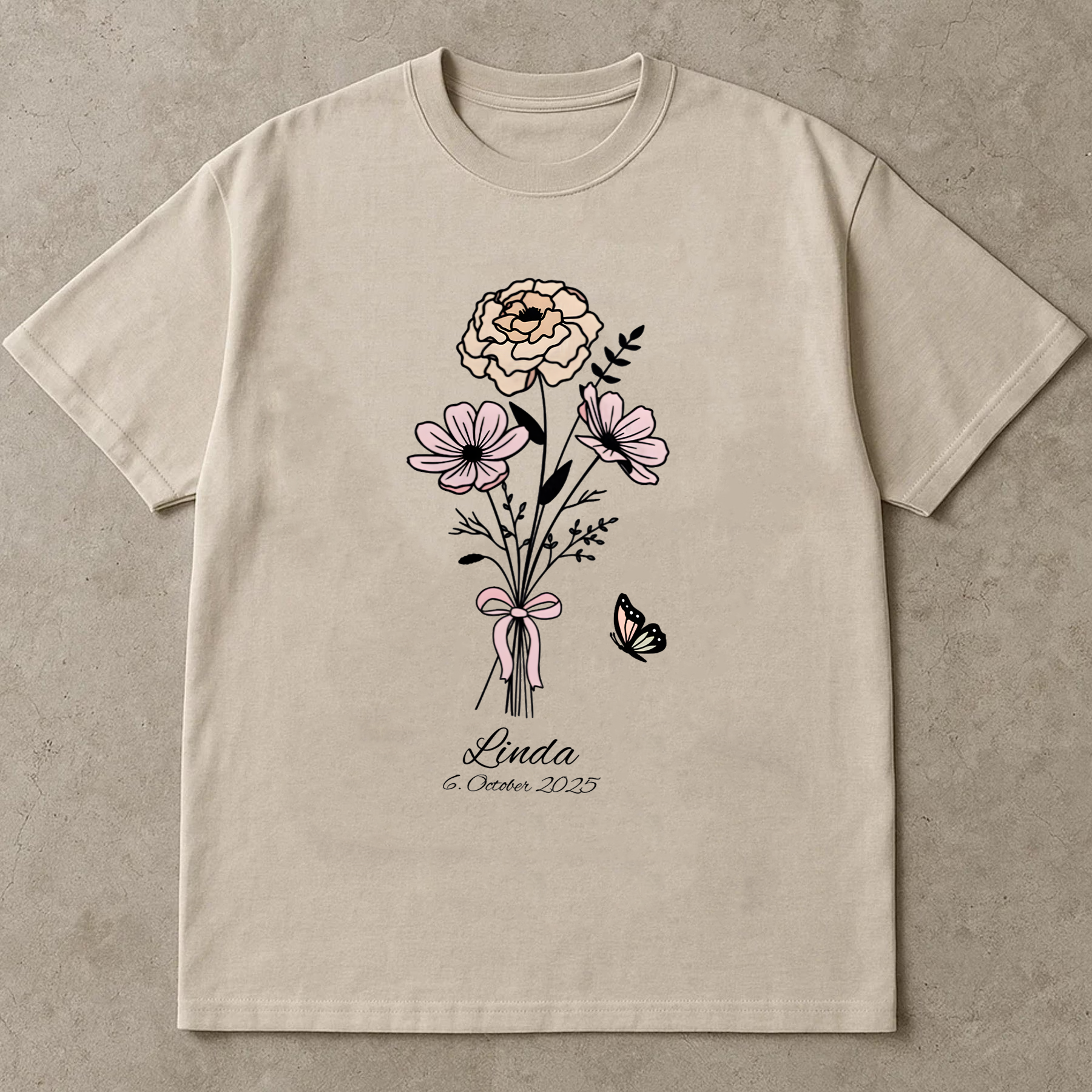 Linda Floral Shirt, Custom Name & Date Shirt, Butterfly Flower Tee, Personalized Birthday Shirt, Gift for Women
