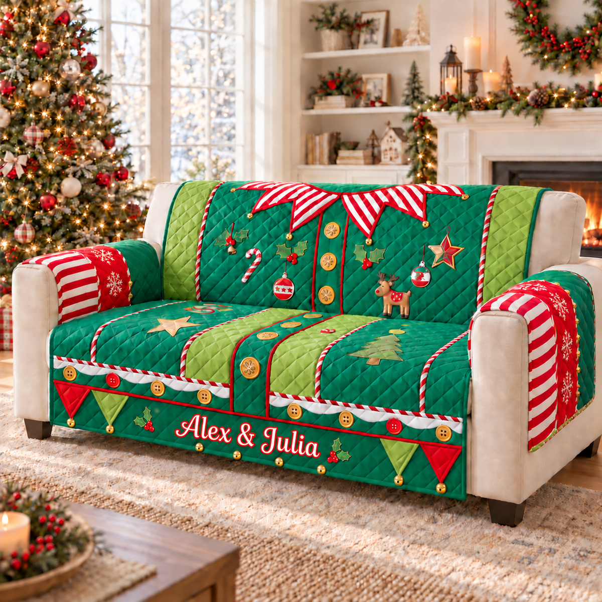 ELF Christmas Patchwork Quilted Sofa Cover, Christmas Sofa Cover, Patchwork Couch Throw, Sofa Protector, Holiday Sofa Decor QUILTSOFA71
