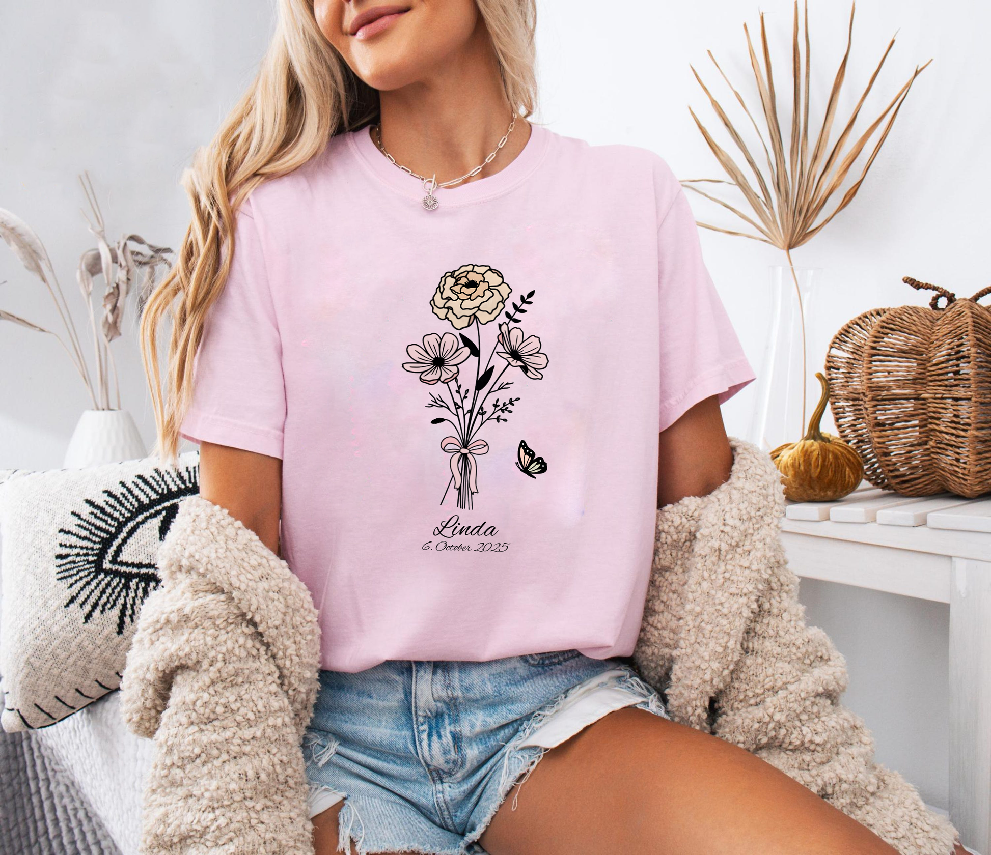 Linda Floral Shirt, Custom Name & Date Shirt, Butterfly Flower Tee, Personalized Birthday Shirt, Gift for Women