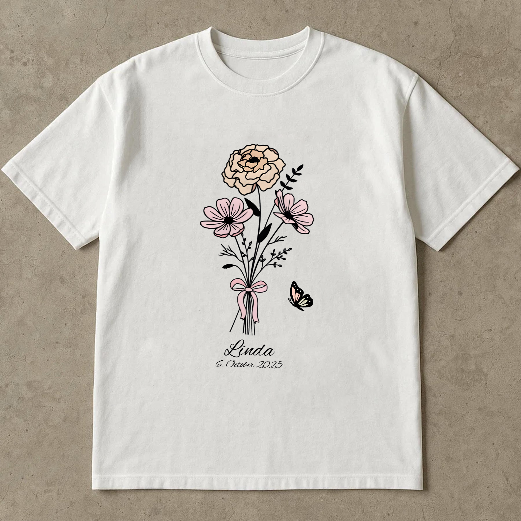 Linda Floral Shirt, Custom Name & Date Shirt, Butterfly Flower Tee, Personalized Birthday Shirt, Gift for Women