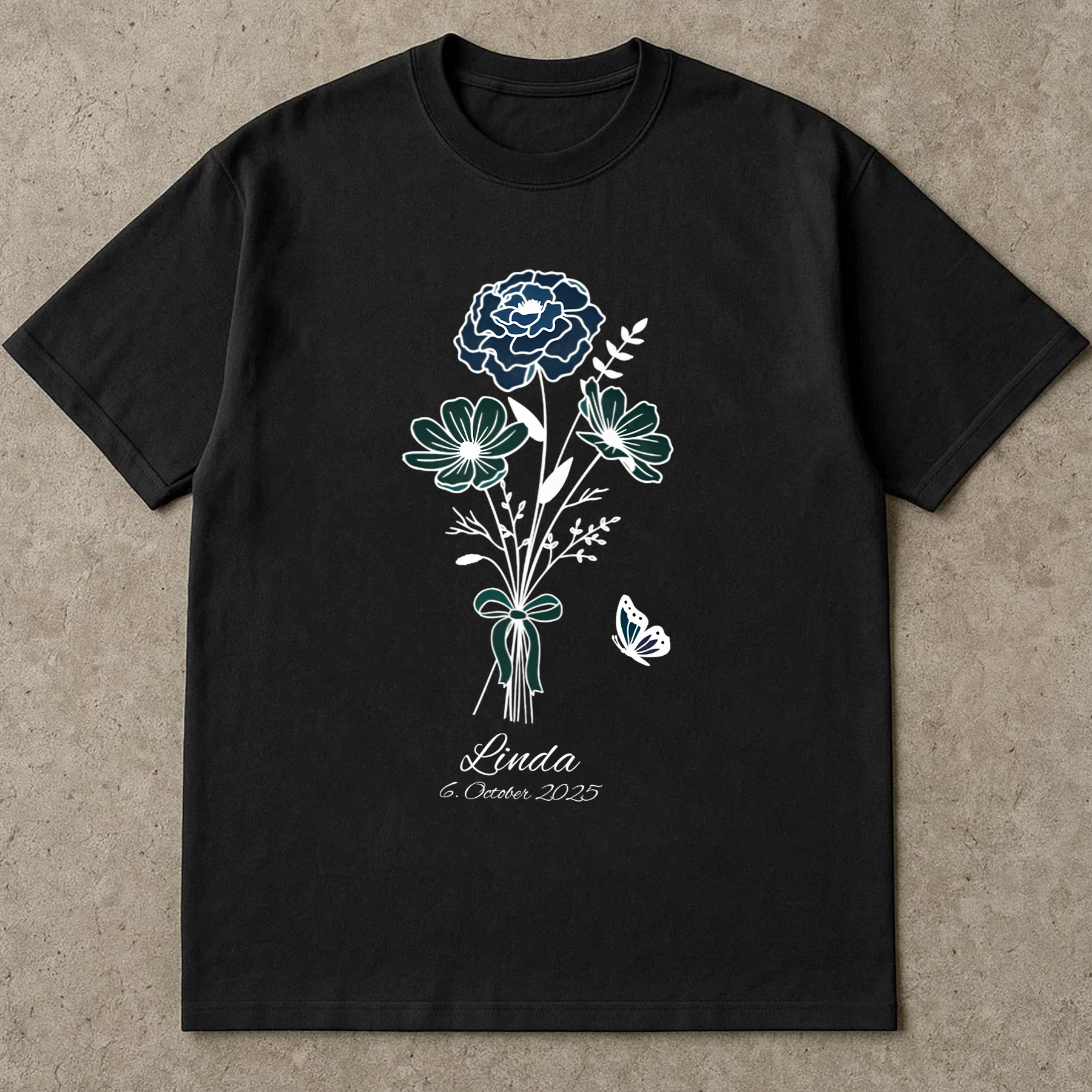 Linda Floral Shirt, Custom Name & Date Shirt, Butterfly Flower Tee, Personalized Birthday Shirt, Gift for Women