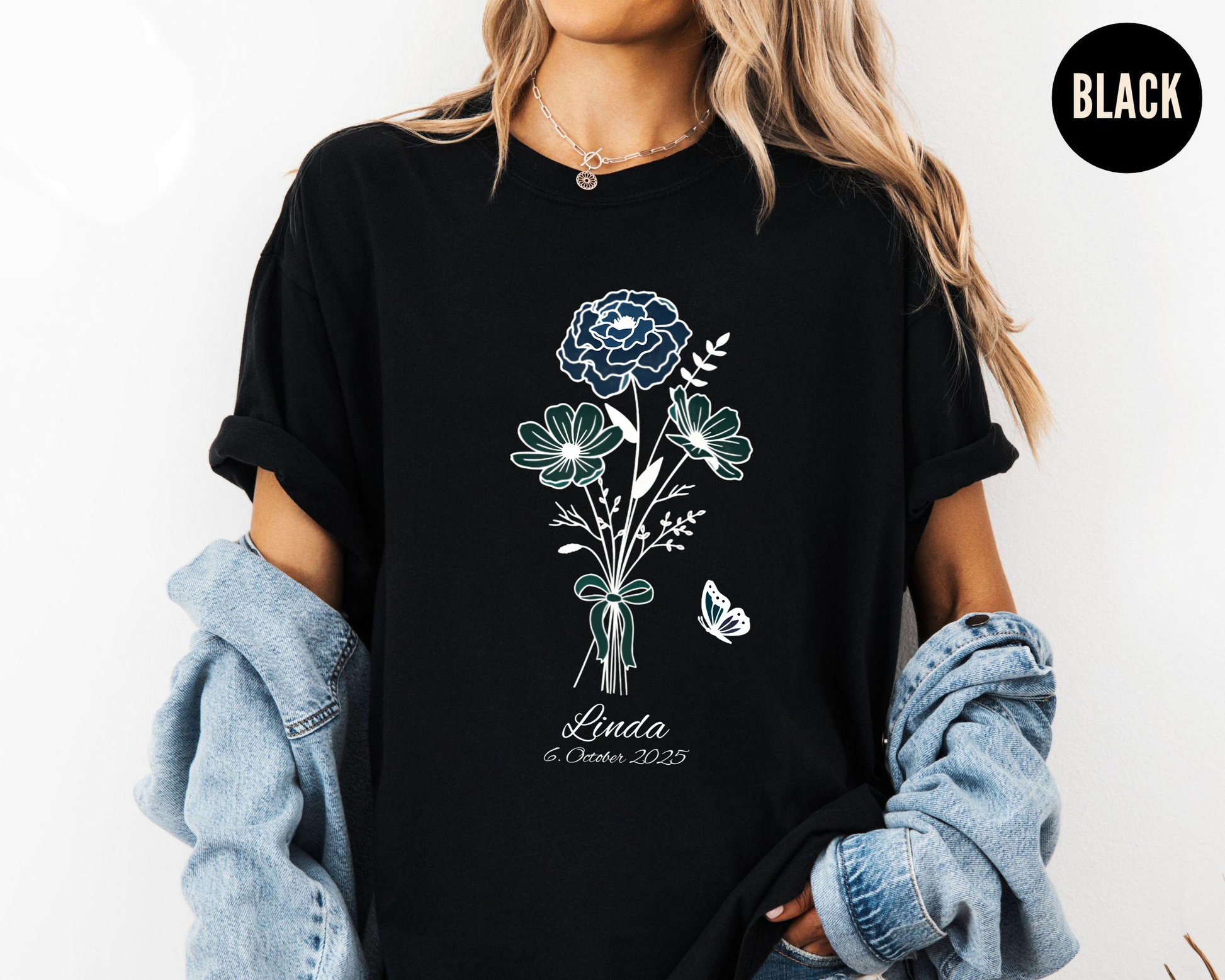 Linda Floral Shirt, Custom Name & Date Shirt, Butterfly Flower Tee, Personalized Birthday Shirt, Gift for Women
