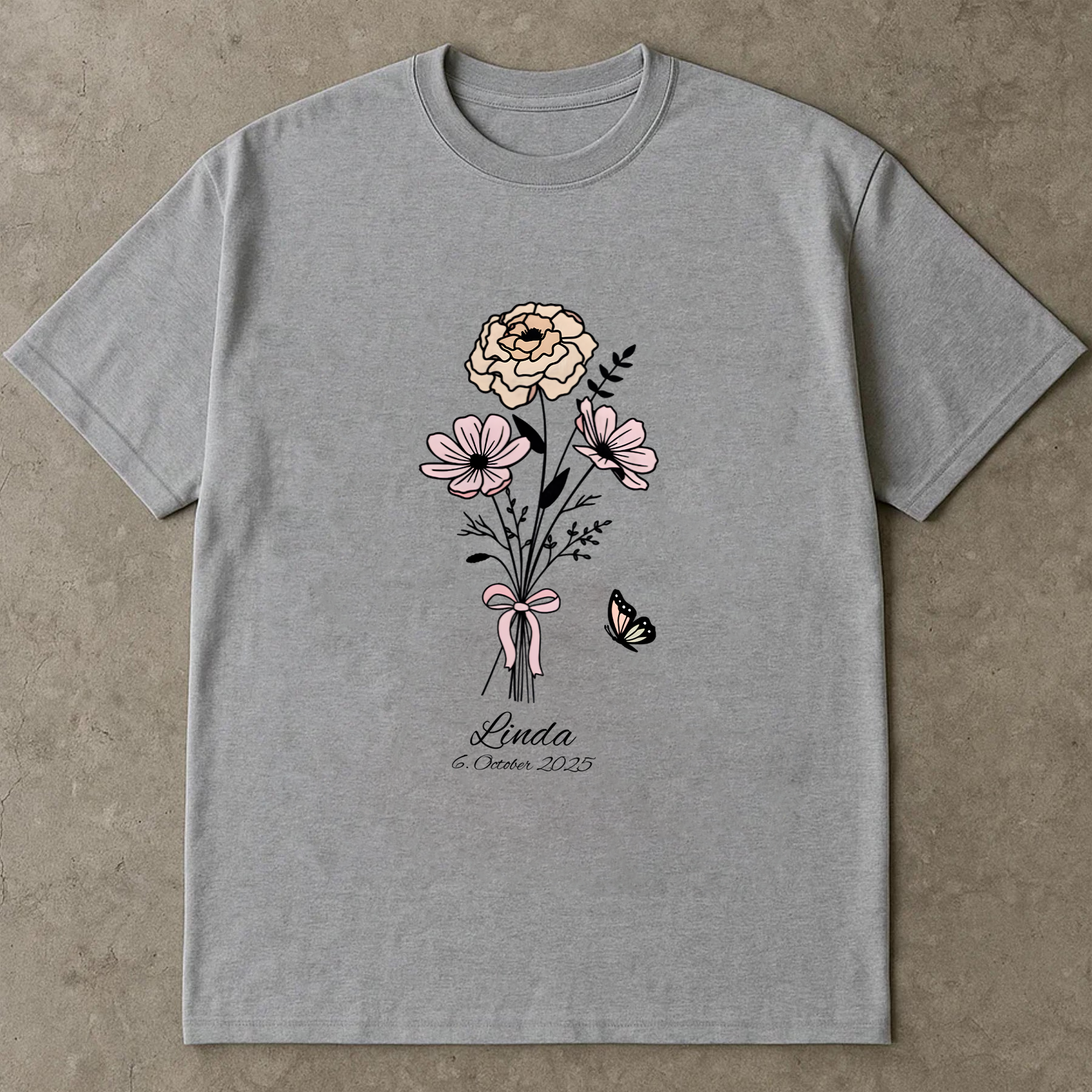 Linda Floral Shirt, Custom Name & Date Shirt, Butterfly Flower Tee, Personalized Birthday Shirt, Gift for Women