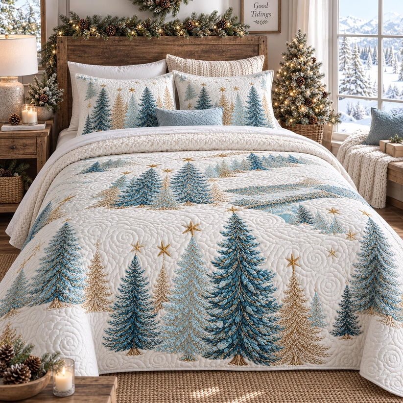 Christmas Tree Pattern Quilted Bedding Set, Vintage Winter Patchwork Bedspread with Pillowcases, Festive Winter Bedroom Decor, Bedding Decor PTBED19