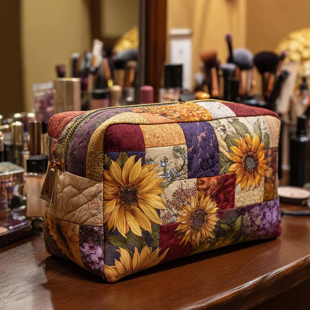 Quilted Sunflower Patchwork Makeup Bag, Rustic Floral Cosmetic Bag, Vintage Farmhouse Toiletry Pouch, Travel Zipper Organizer, Cottagecore Gift for Women – QMBPETAL84