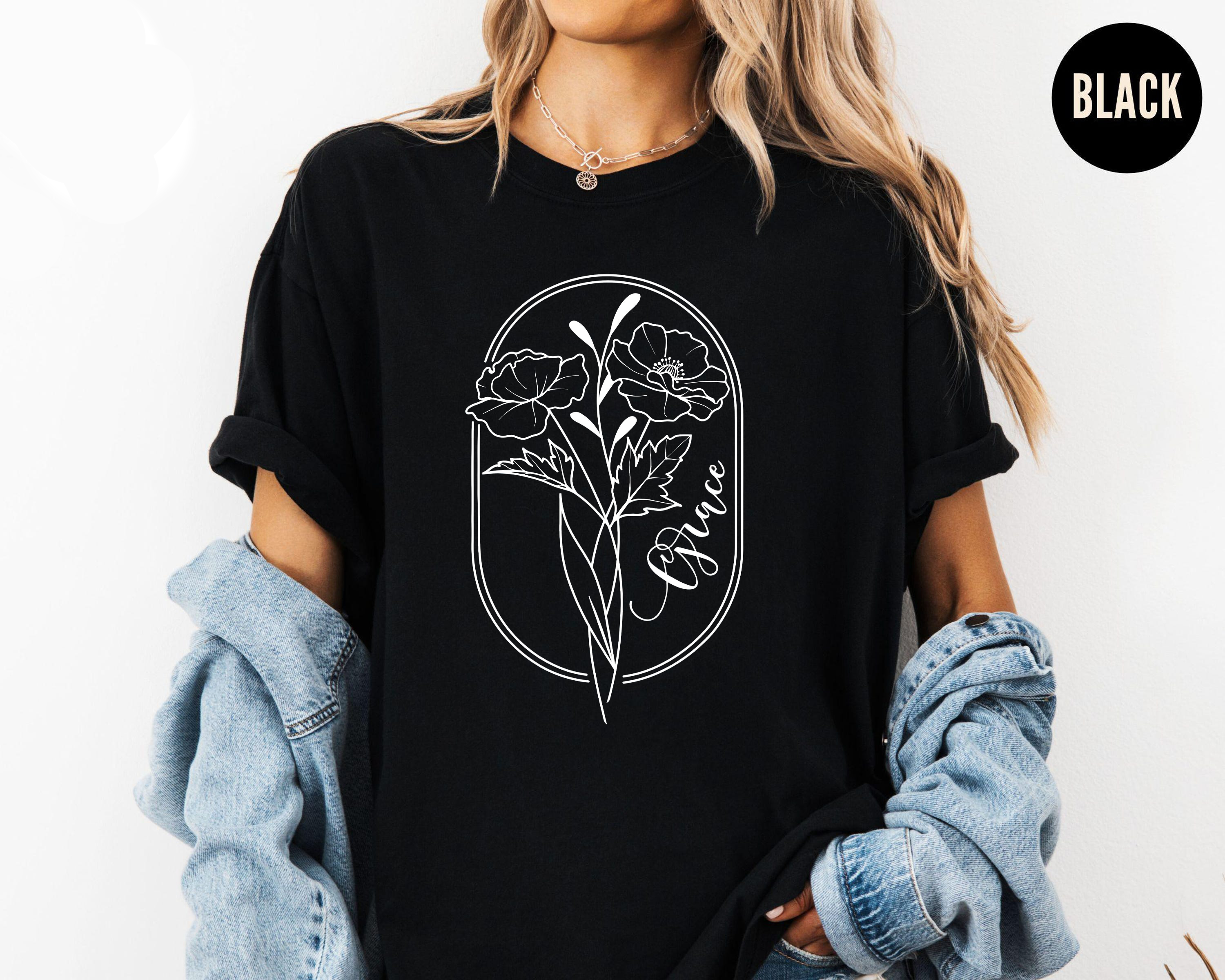 Grace Line Art Flower Shirt, Minimalist Name Floral Shirt, Monoline Botanical Tee, Personalized Modern Shirt