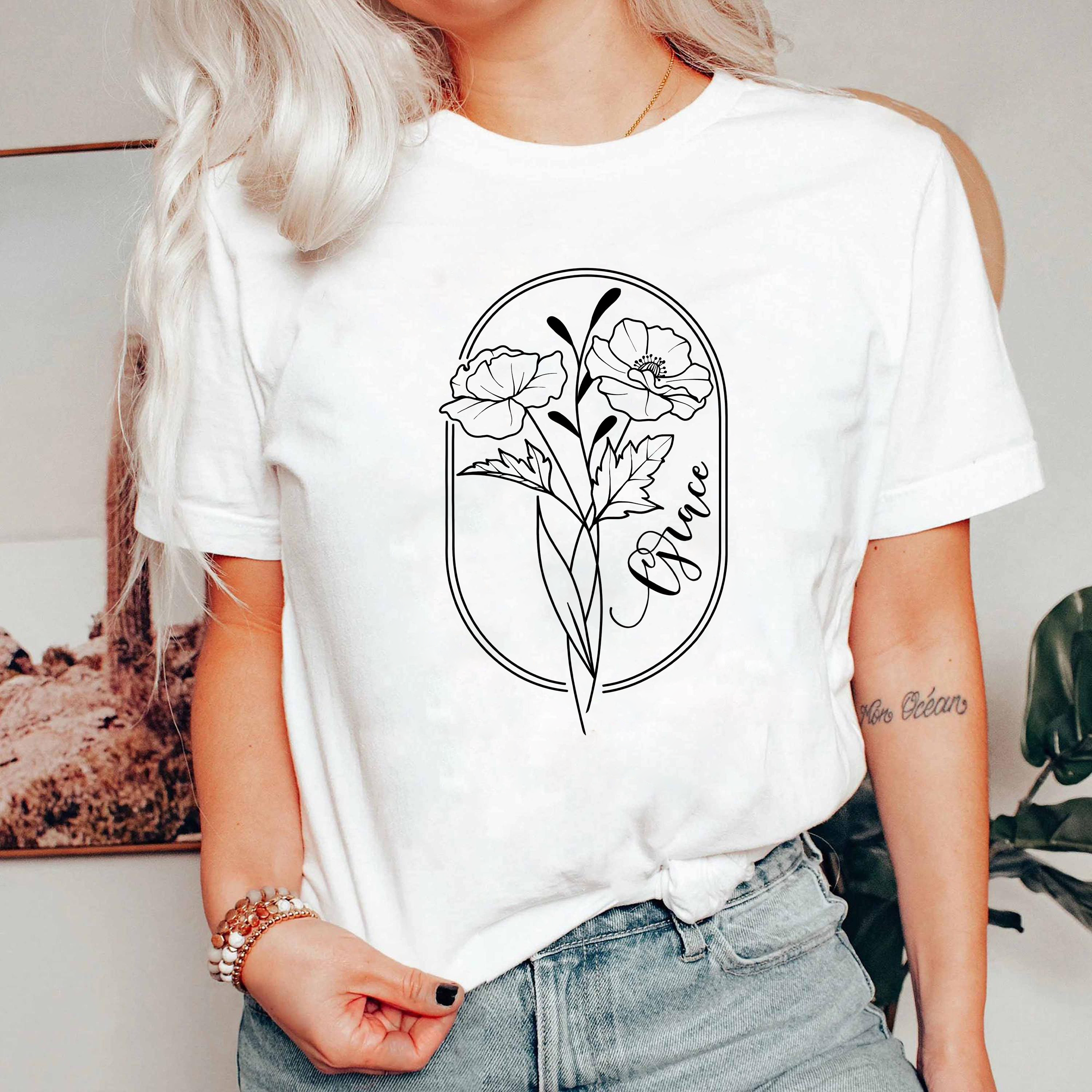 Grace Line Art Flower Shirt, Minimalist Name Floral Shirt, Monoline Botanical Tee, Personalized Modern Shirt
