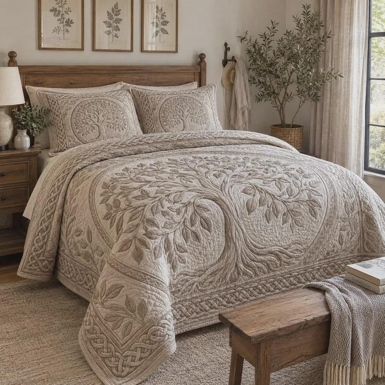 Tree Of Life Quilted Bedding Set, Vintage Patchwork Bedspread with Pillowcases, Festive Winter Bedroom Decor, Bedding Decor PTBED18