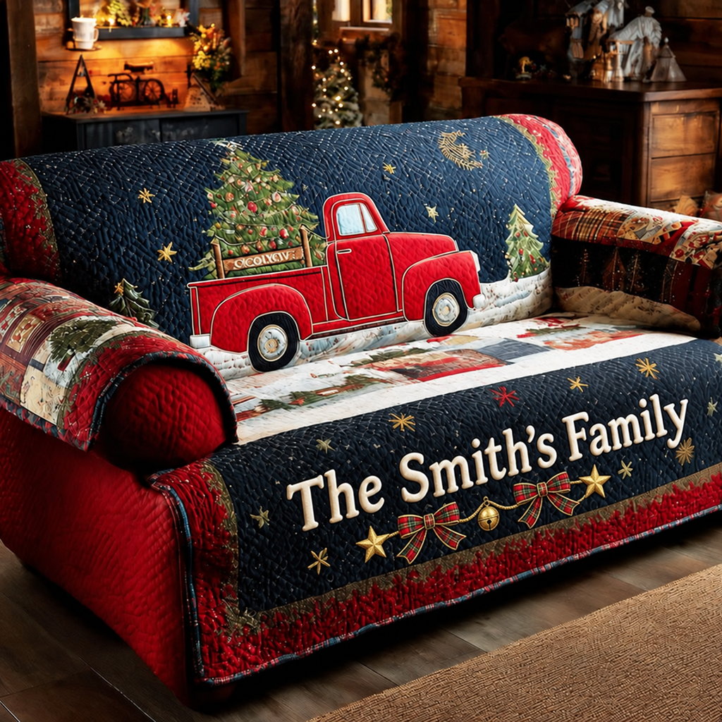 Christmas Truck Quilted Sofa Cover, Christmas Sofa Cover, Patchwork Couch Throw, Sofa Protector, Holiday Sofa Decor QUILTSOFA72