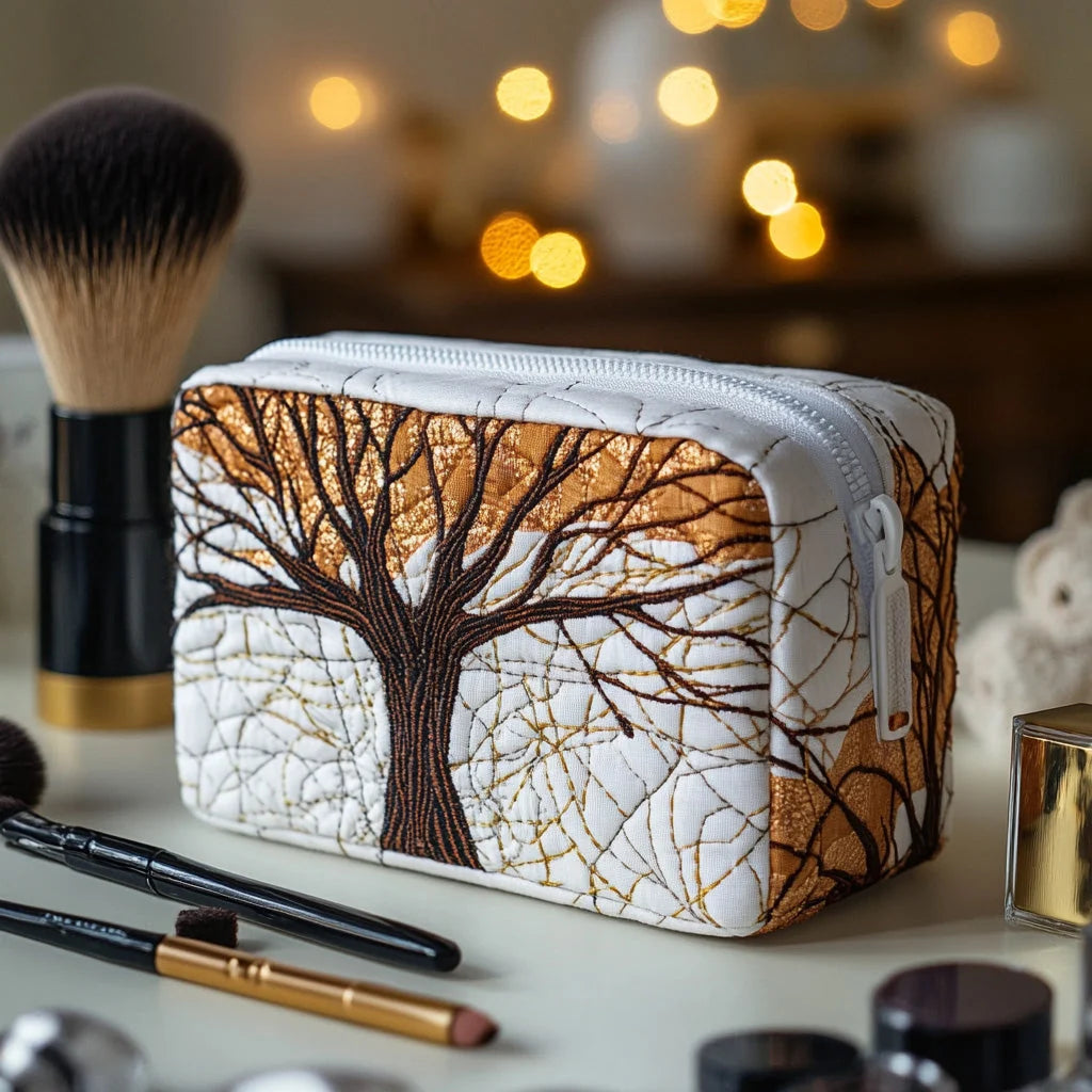 Quilted Tree of Life Makeup Bag, Nature Inspired Cosmetic Bag, Woodland Toiletry Pouch, Embroidered Forest Travel Organizer, Rustic Gift for Women – QMBPETAL85