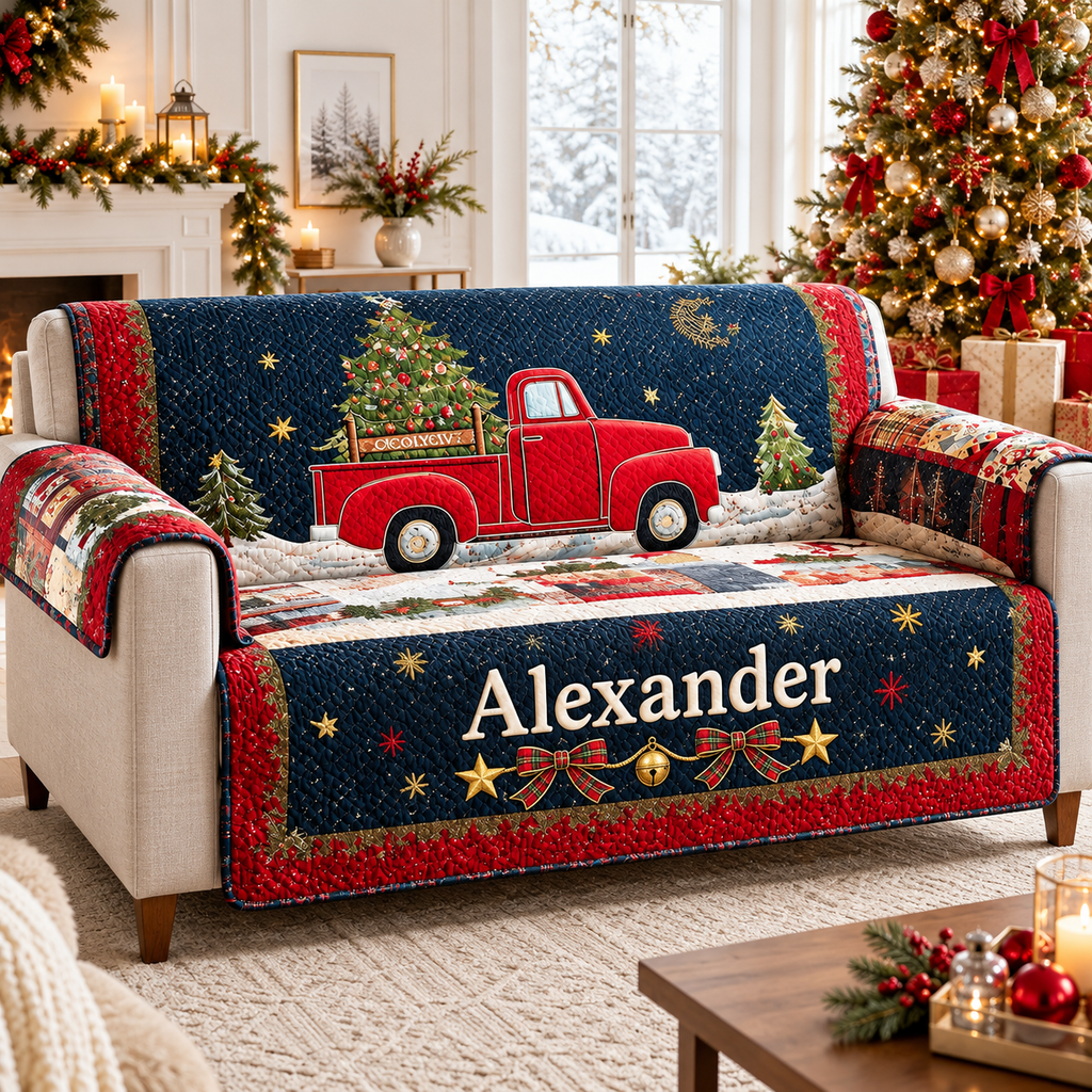 Christmas Truck Quilted Sofa Cover, Christmas Sofa Cover, Patchwork Couch Throw, Sofa Protector, Holiday Sofa Decor QUILTSOFA72