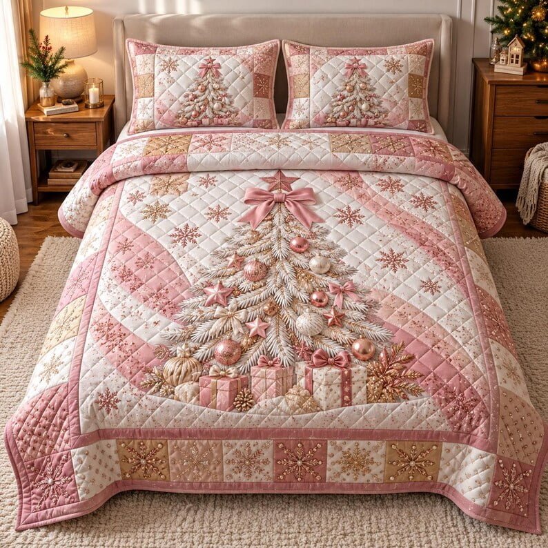 Pink Christmas Tree Quilted Bedding Set, Christmas Patchwork Bedspread with Pillowcases, Festive Winter Bedroom Decor, Bedding Decor PTBED17