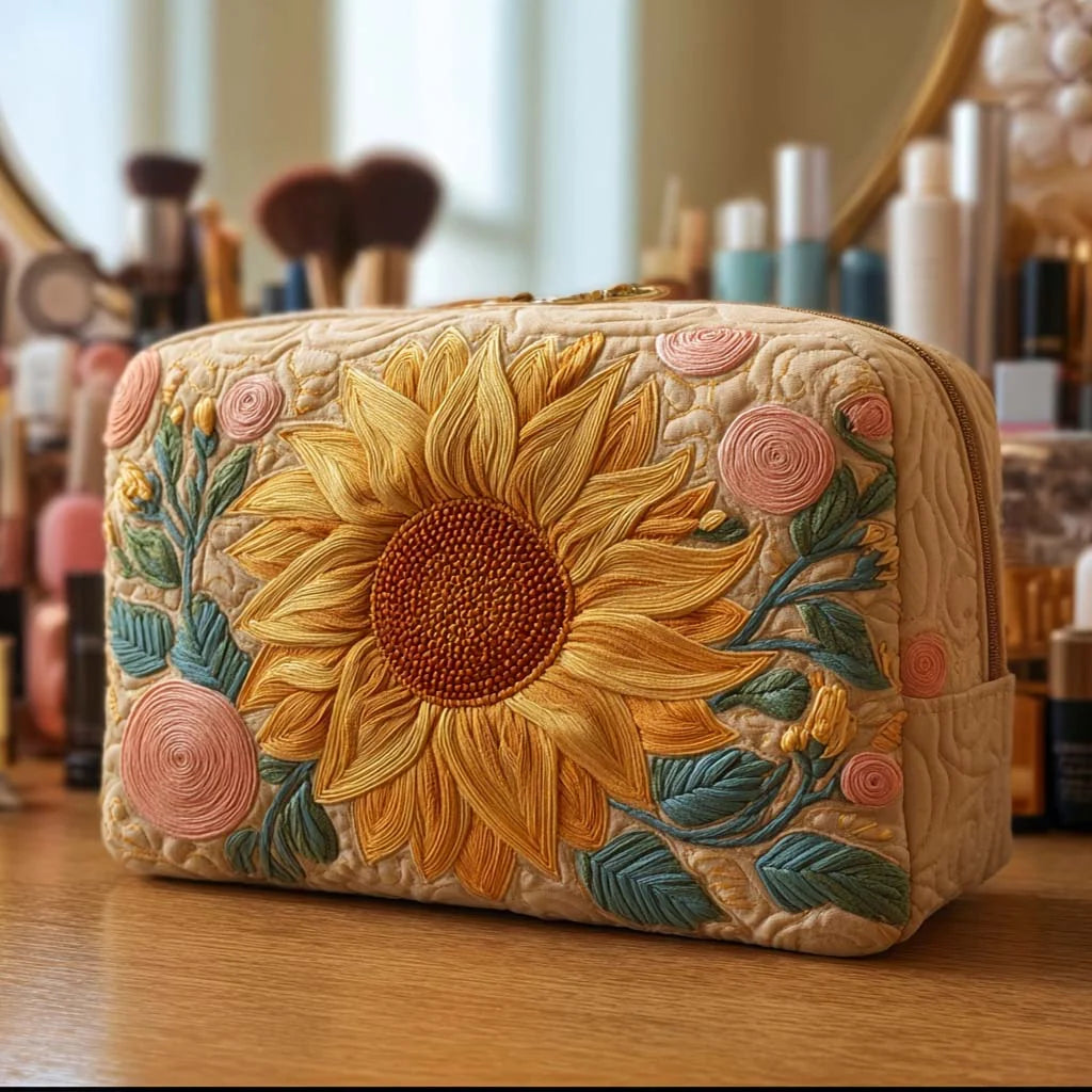 Quilted Sunflower Makeup Bag, Floral Cosmetic Bag, Embroidered Sunflower Toiletry Pouch, Cottagecore Travel Organizer, Botanical Gift for Women – QMBPETAL86