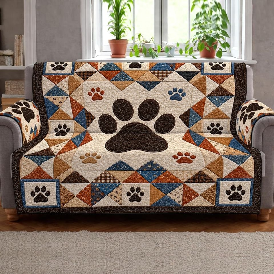 Pet Paw Patchwork Quilted Sofa Cover, Christmas Sofa Cover, Patchwork Couch Throw, Sofa Protector, Holiday Sofa Decor QUILTSOFA73