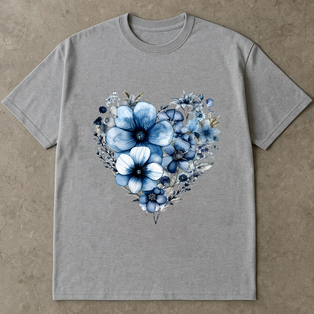 Blue Floral Heart Shirt, Botanical Flower Graphic Tee, Nature Love Shirt, Navy Aesthetic Shirt, Gift for Her
