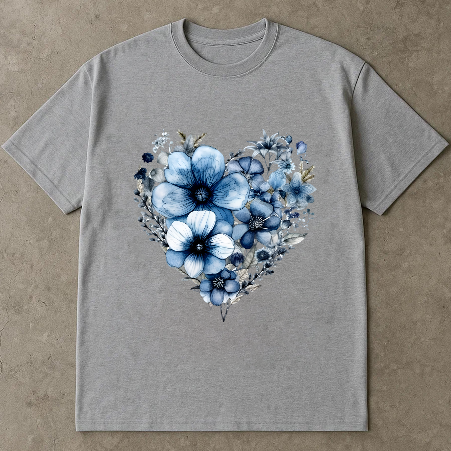 Blue Floral Heart Shirt, Botanical Flower Graphic Tee, Nature Love Shirt, Navy Aesthetic Shirt, Gift for Her