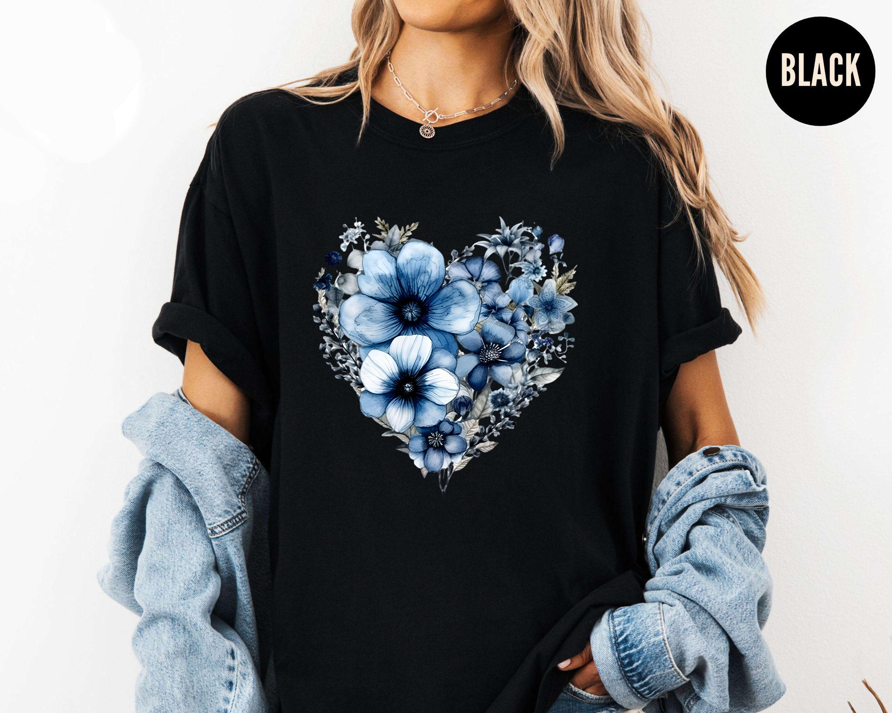 Blue Floral Heart Shirt, Botanical Flower Graphic Tee, Nature Love Shirt, Navy Aesthetic Shirt, Gift for Her