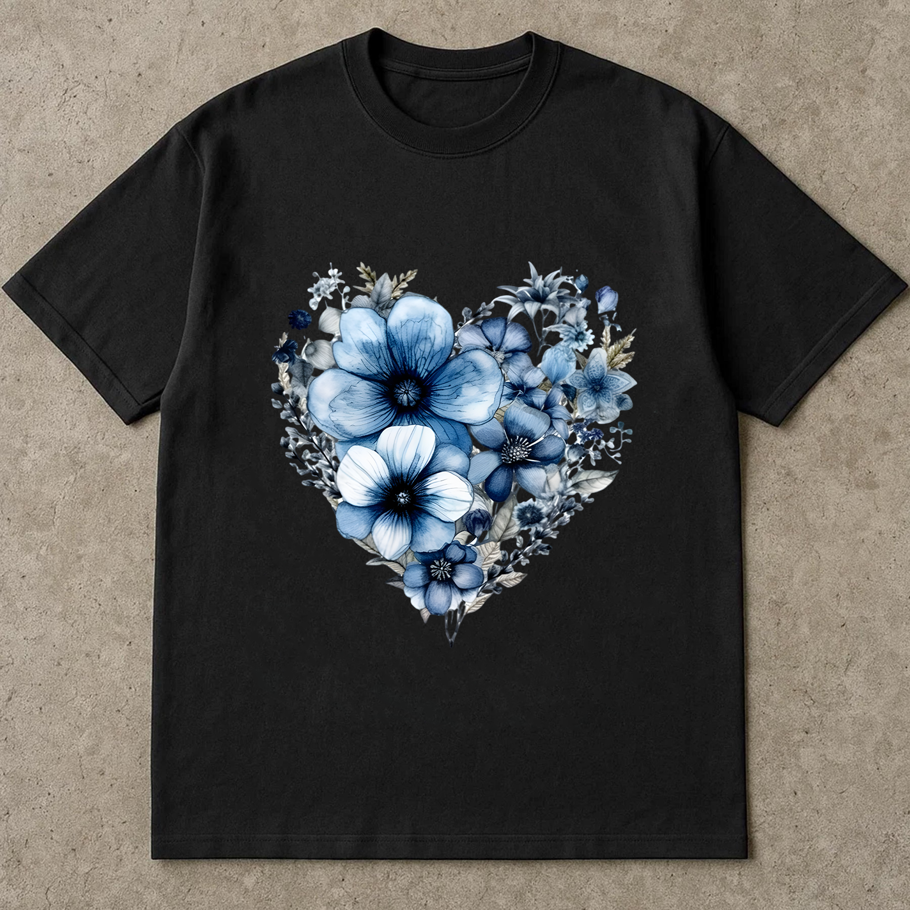 Blue Floral Heart Shirt, Botanical Flower Graphic Tee, Nature Love Shirt, Navy Aesthetic Shirt, Gift for Her
