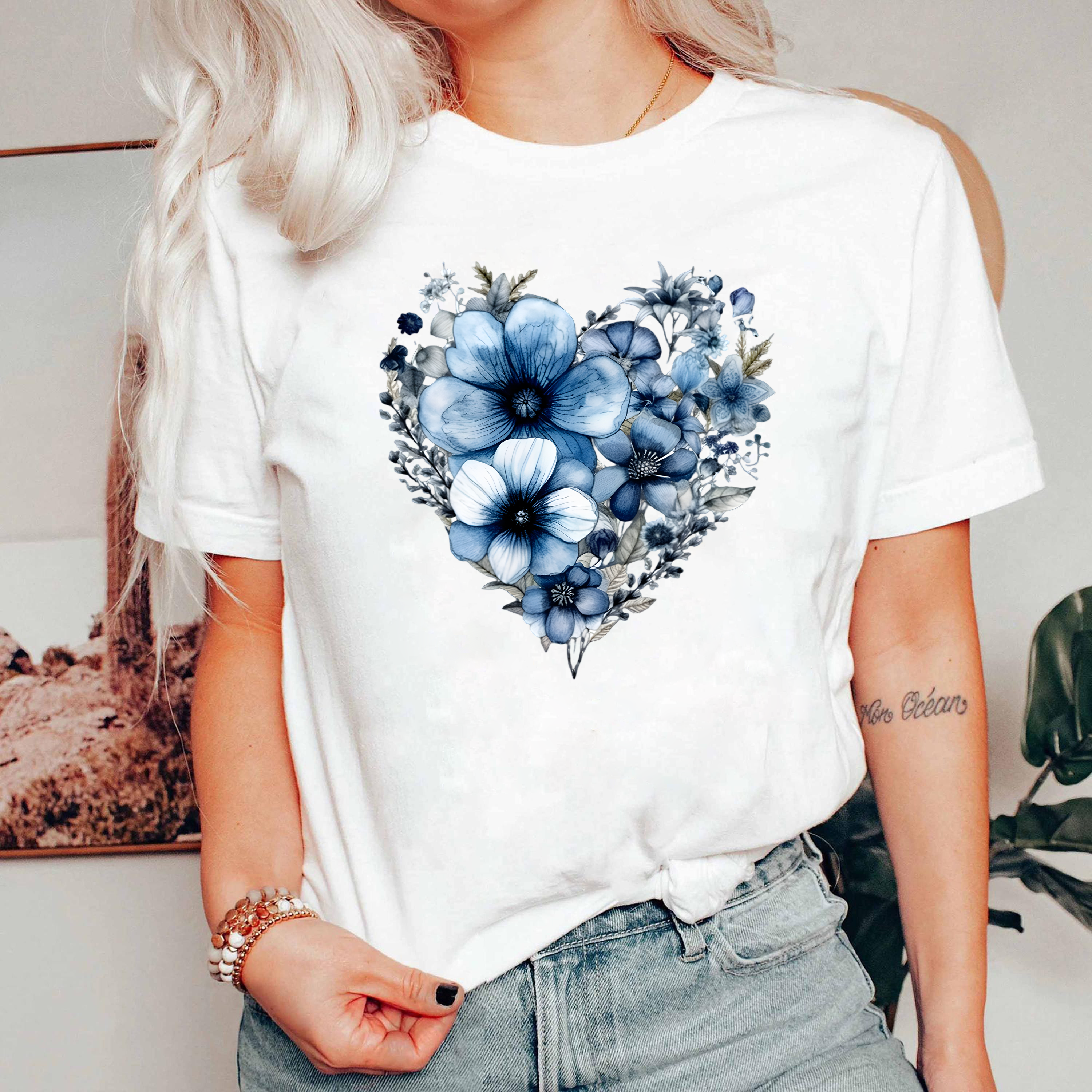 Blue Floral Heart Shirt, Botanical Flower Graphic Tee, Nature Love Shirt, Navy Aesthetic Shirt, Gift for Her