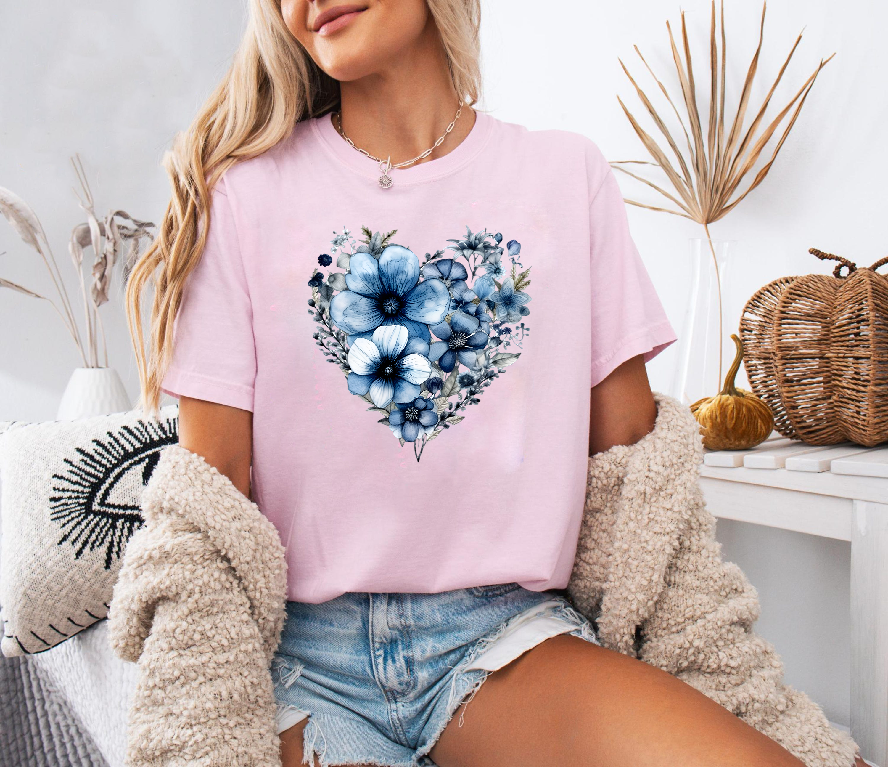 Blue Floral Heart Shirt, Botanical Flower Graphic Tee, Nature Love Shirt, Navy Aesthetic Shirt, Gift for Her
