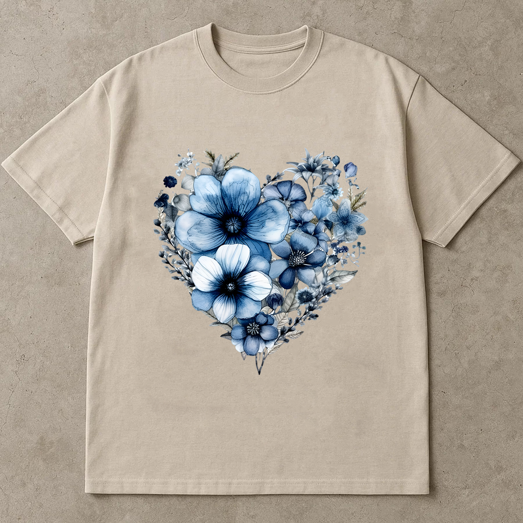 Blue Floral Heart Shirt, Botanical Flower Graphic Tee, Nature Love Shirt, Navy Aesthetic Shirt, Gift for Her