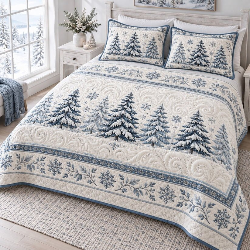 Blue Christmas Tree Quilted Bedding Set, Christmas Patchwork Bedspread with Pillowcases, Festive Winter Bedroom Decor, Bedding Decor PTBED16