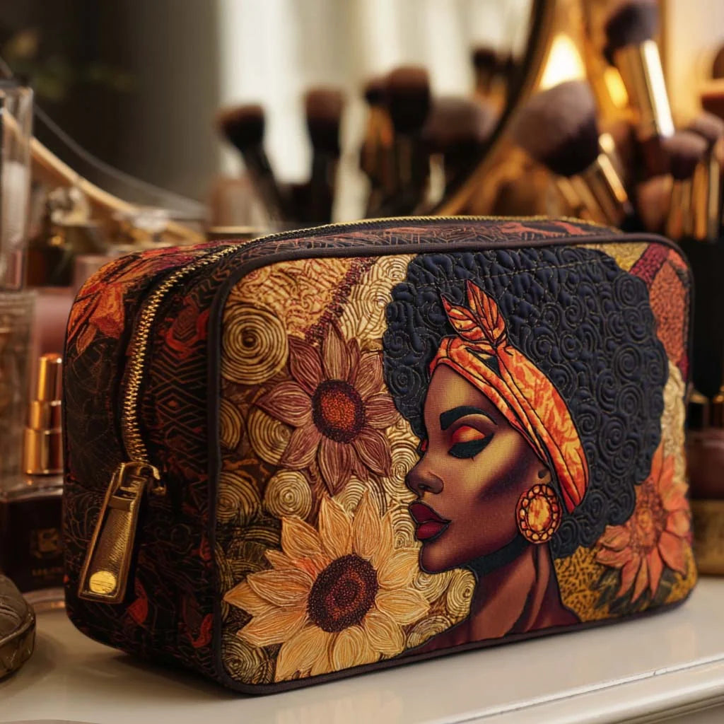 Quilted Afro Woman Makeup Bag, Black Queen Cosmetic Bag, Sunflower Toiletry Pouch, African American Art Travel Organizer, Melanin Gift for Women – QMBPETAL87