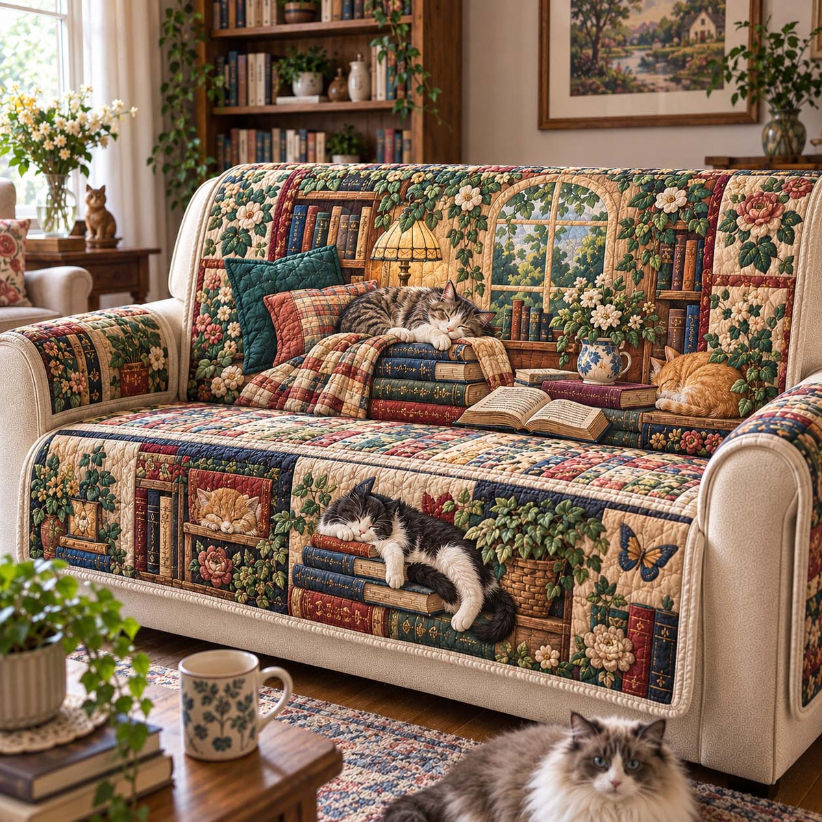 Cat And Book Patchwork Quilted Sofa Cover, Floral Cat Pattern Sofa Cover, Patchwork Couch Throw, Sofa Protector, Holiday Sofa Decor QUILTSOFA74