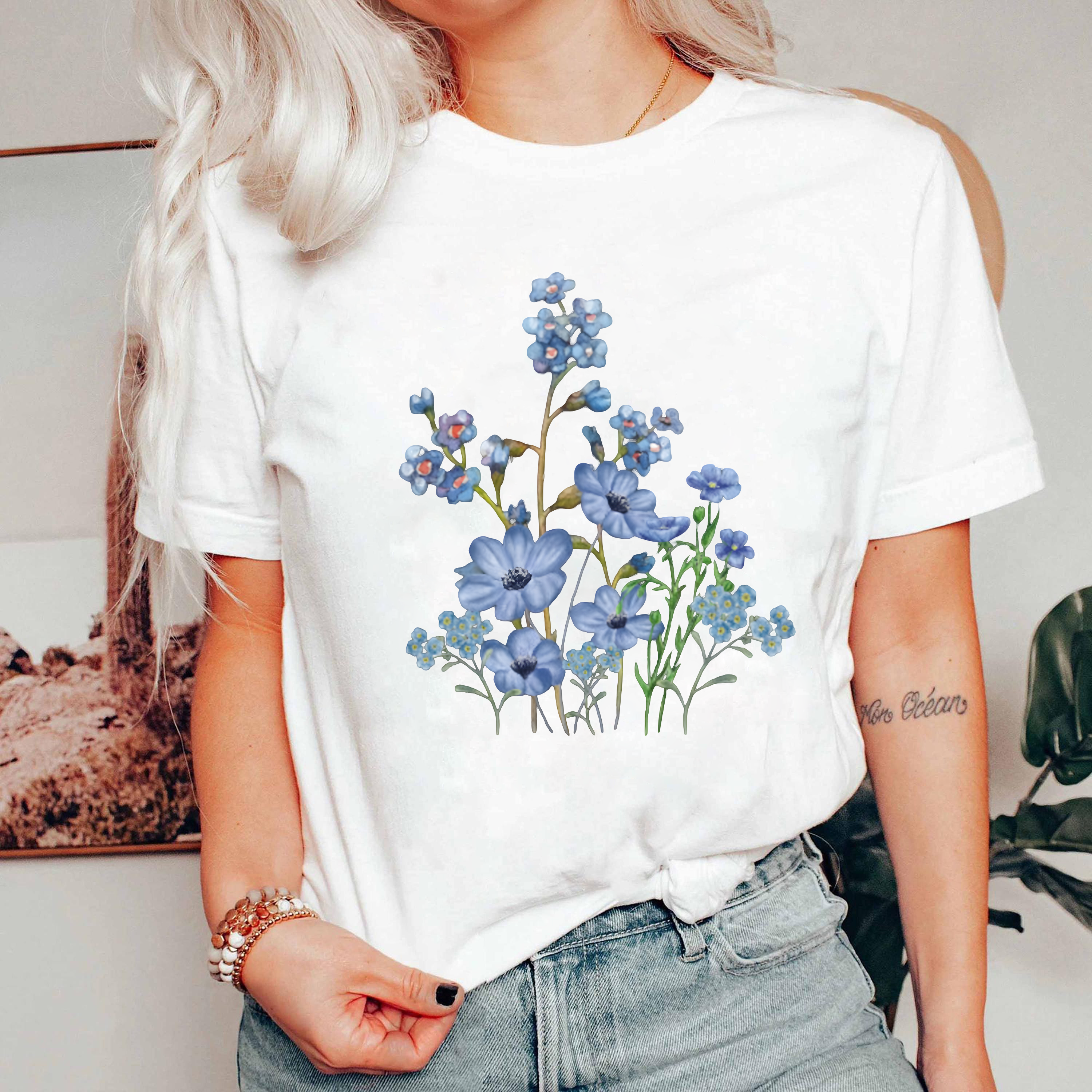 Blue Wildflower Shirt, Forget Me Not Flower Tee, Botanical Floral T-Shirt, Cottagecore Aesthetic Shirt, Nature Lover Gift