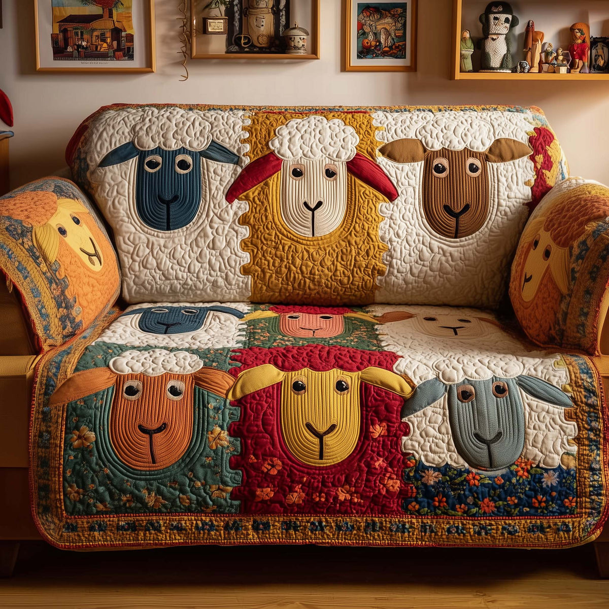 Sheep Art Patchwork Quilted Sofa Cover, Sheep Pattern Sofa Cover, Patchwork Couch Throw, Sofa Protector, Holiday Sofa Decor QUILTSOFA75