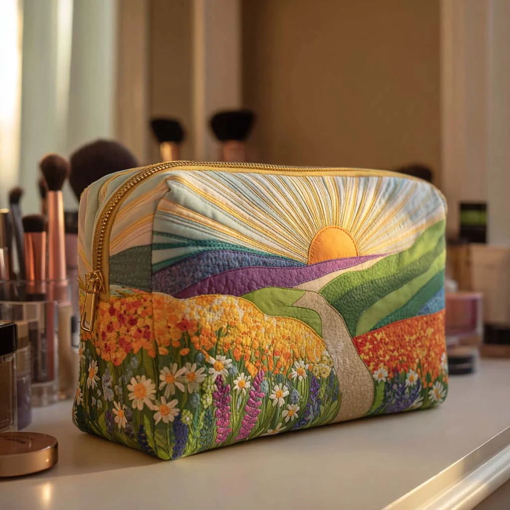 Quilted Wildflower Landscape Makeup Bag, Scenic Floral Cosmetic Bag, Sunrise Meadow Toiletry Pouch, Nature Travel Organizer, Cottagecore Gift for Women – QMBPETAL88