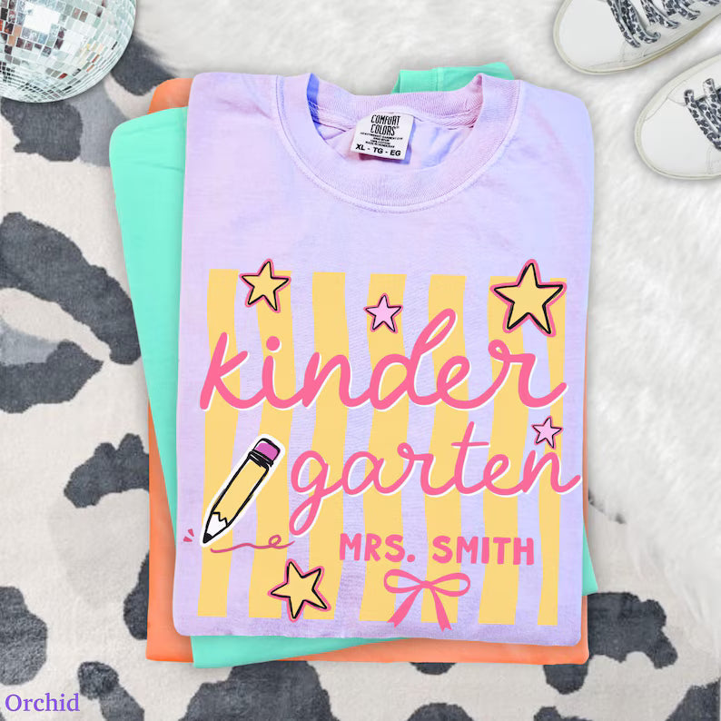 Custom Kindergarten Teacher Shirt, Comfort Colors® Kindergarten Tee, Retro Stripe Kindergarten Team Shirt, Back to School, Elementary Teach. SPETAL7