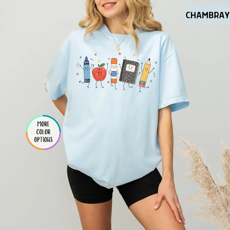 Comfort Colors® Funny Teacher Life Shirt, Back To School Gift, Preschool Teacher School Supplies T-shirt, Crayon Apple Pencil Notebook Shirt. SPETAL3