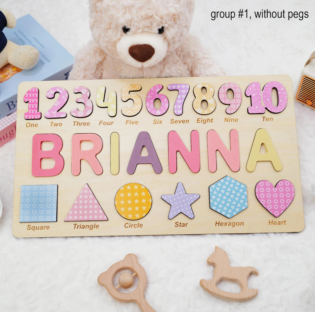 Personalized Wooden Name Puzzle Gift for Boys & Girls, Custom Baby Gifts Name Puzzle with Numbers, Geometry Shapes, Back Engraving. NPPETAL1
