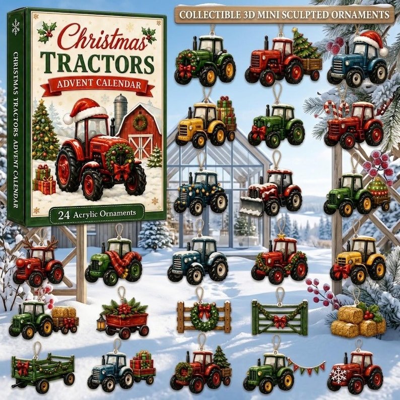 Christmas Tractor Advent Calendar 2026, 24 Acrylic Farm Vehicle Ornaments Countdown Calendar, Cute Farming Christmas Gift for Kids, Farmers & Tractor Lovers AXMAS08