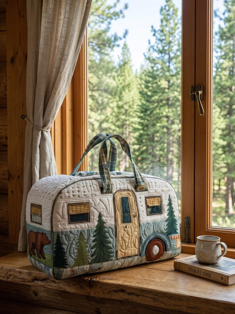 Rustic Cabin Camper Quilted Duffle Bag – Forest Bear Travel Weekender Tote, Cozy Lodge Overnight Bag, Cute Nature Duffel Gift for Women