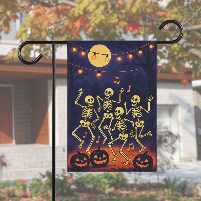 Dancing Skeletons Halloween Garden Flag, Funny Graveyard Party Decor, Spooky Skeleton Yard Sign. HLWGFPETAL3
