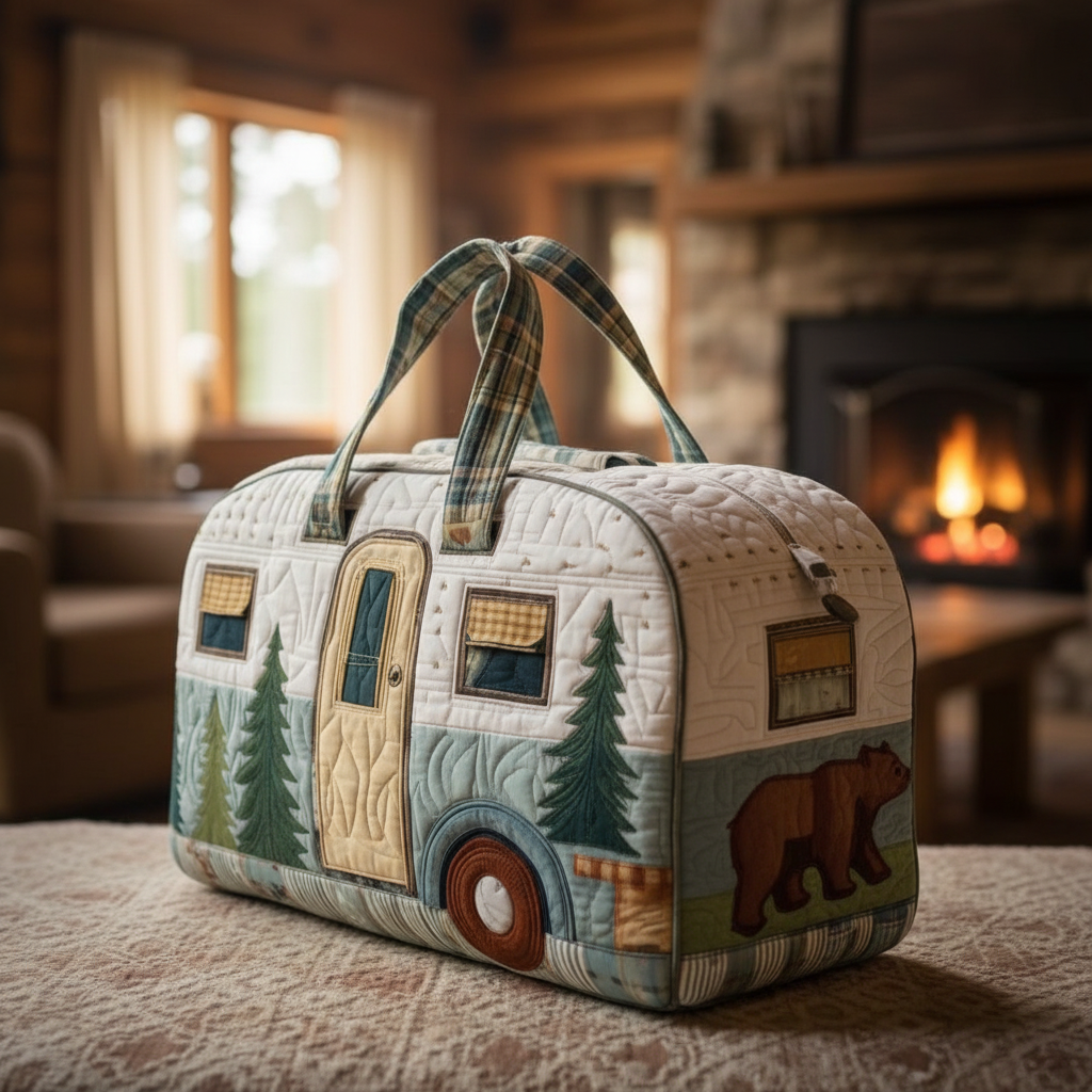 Rustic Cabin Camper Quilted Duffle Bag – Forest Bear Travel Weekender Tote, Cozy Lodge Overnight Bag, Cute Nature Duffel Gift for Women